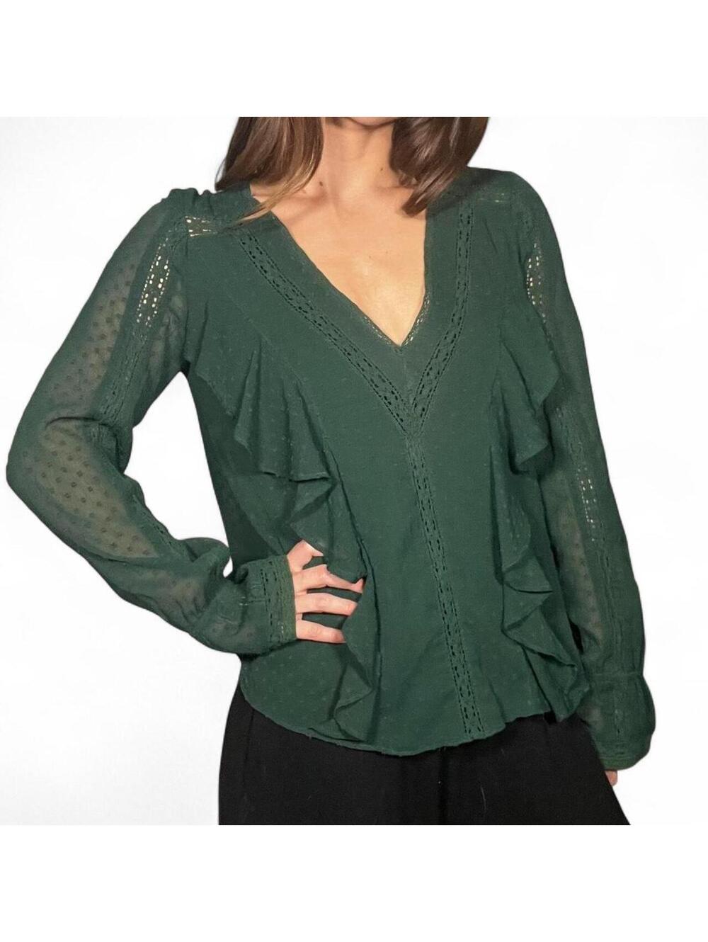 Zara Green Ruffle V Neck Long Sleeve Blouse Women's Size Small